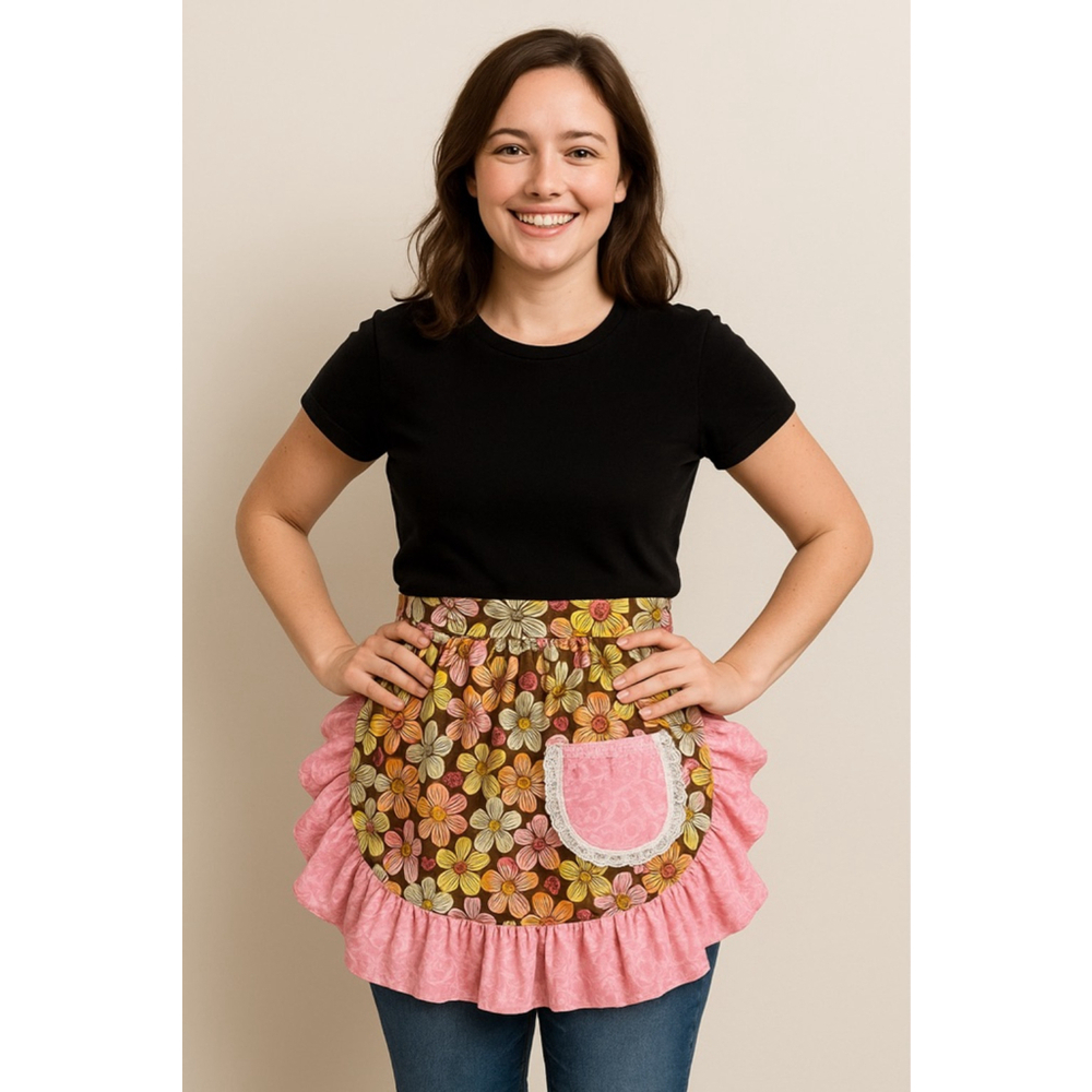 Women's Unbranded Pink Floral Brown Ruffled Apron One Size